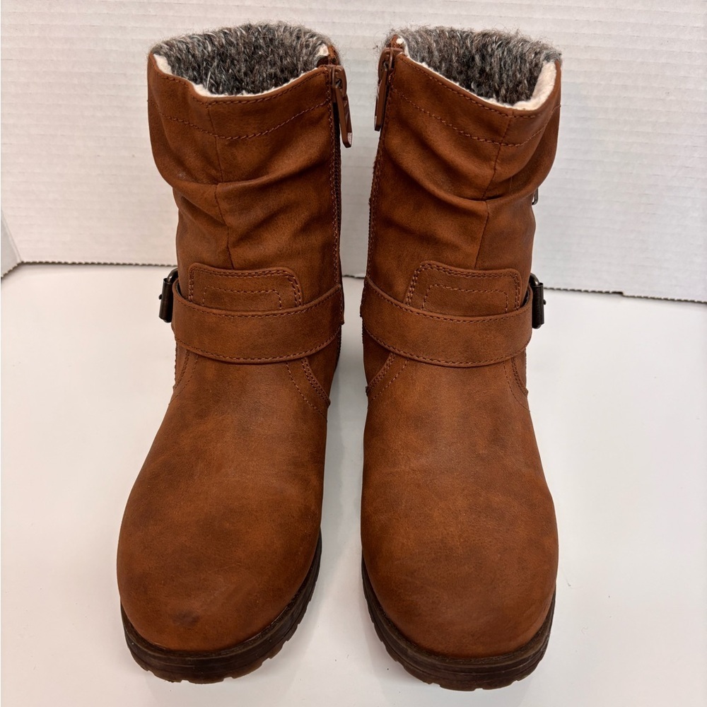Yellow Brown Knit Cuff Buckle Combat Ankle Boots - Picture 5 of 10